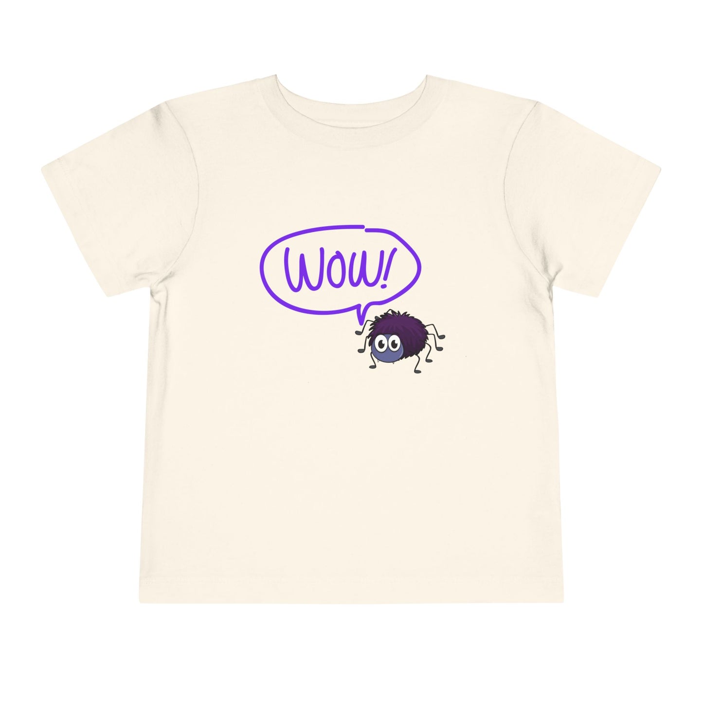 Beige t-shirt with a purple spider and a 'WOW!' thought bubble