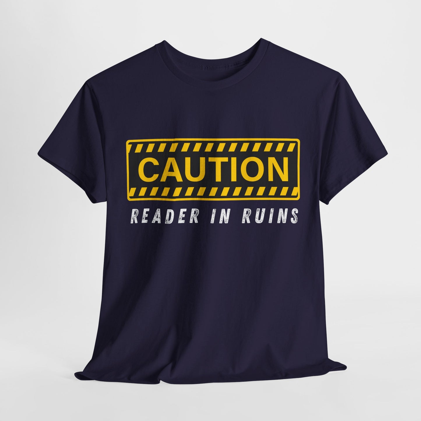 Teen/Adult Unisex Tee – CAUTION: Reader in Ruins (Yellow Caution)