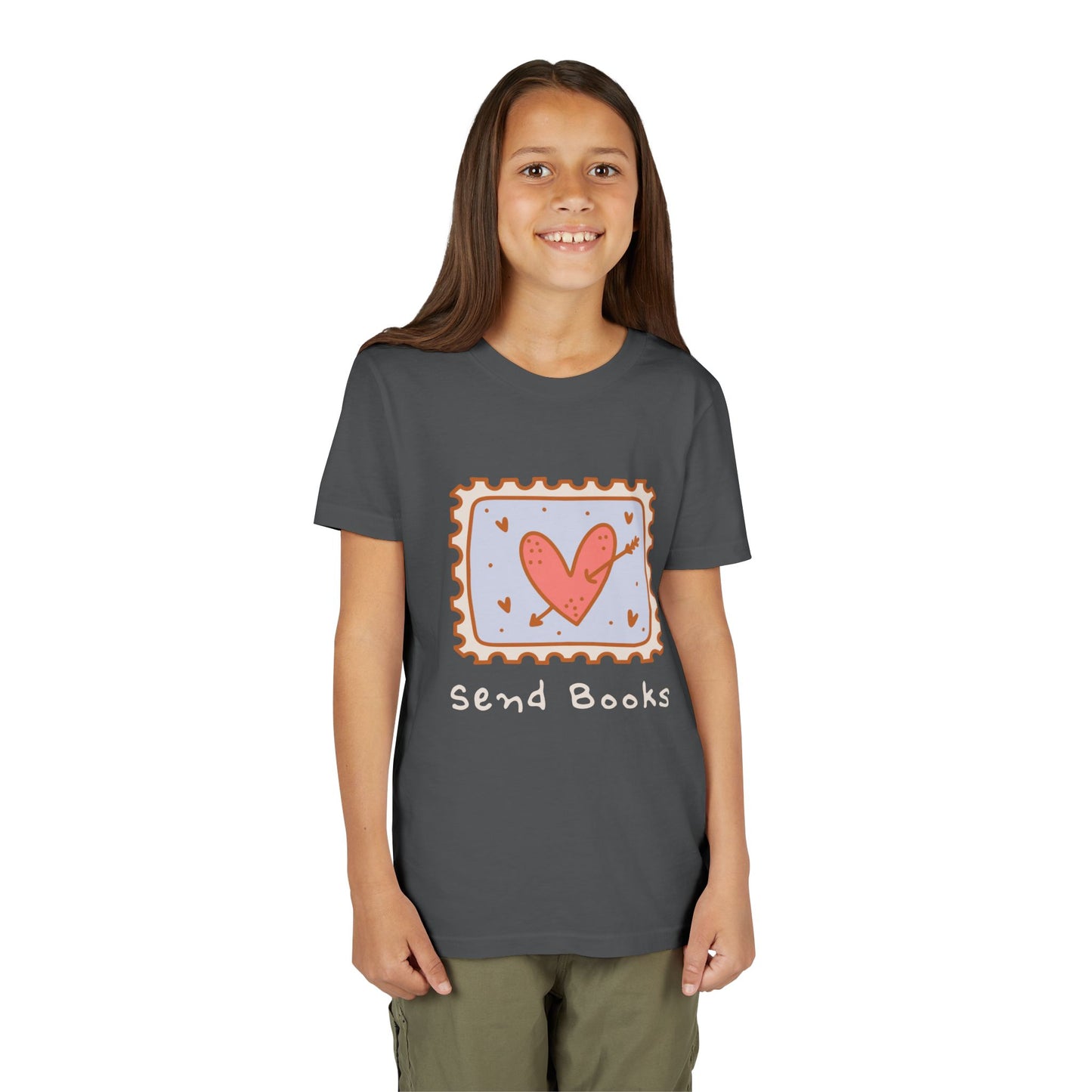 Girl wearing a dark gray t-shirt with a heart stamp and text 'Send Books'
