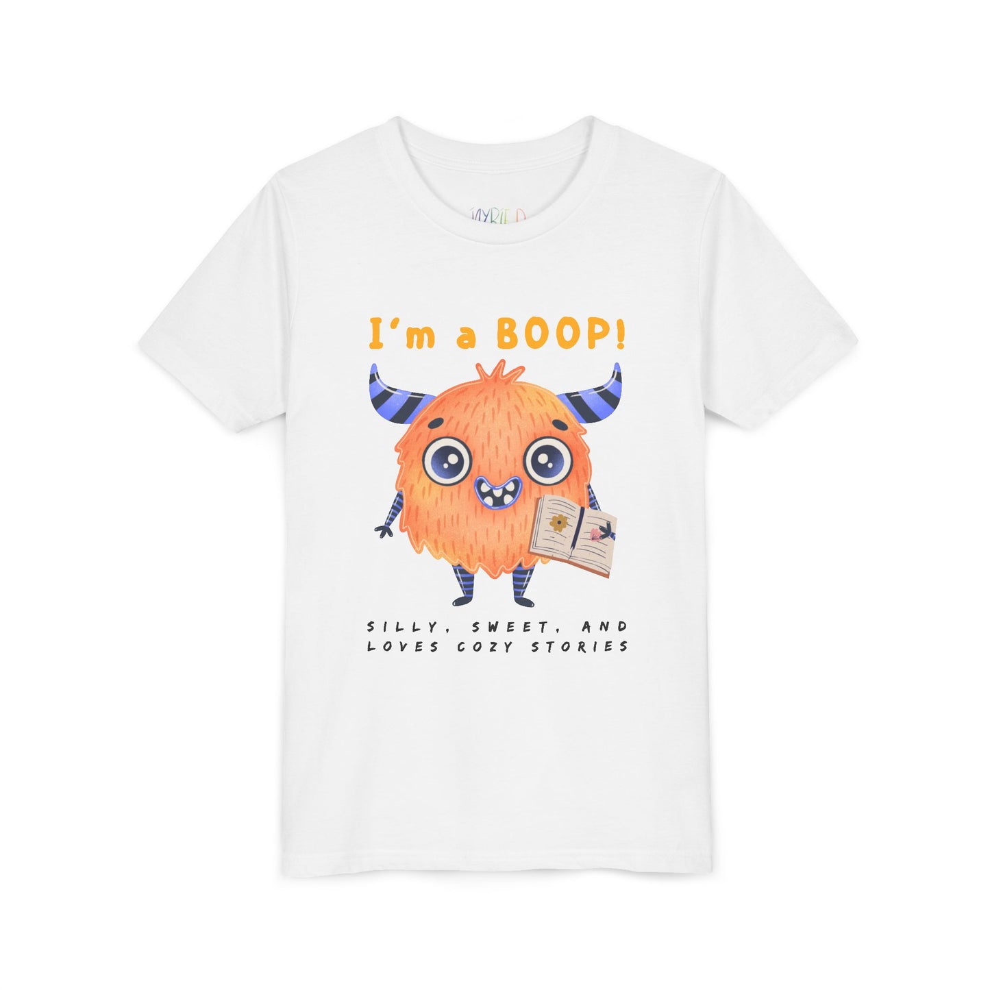 White t-shirt with a cartoon monster and text 'I'm a BOOP!'