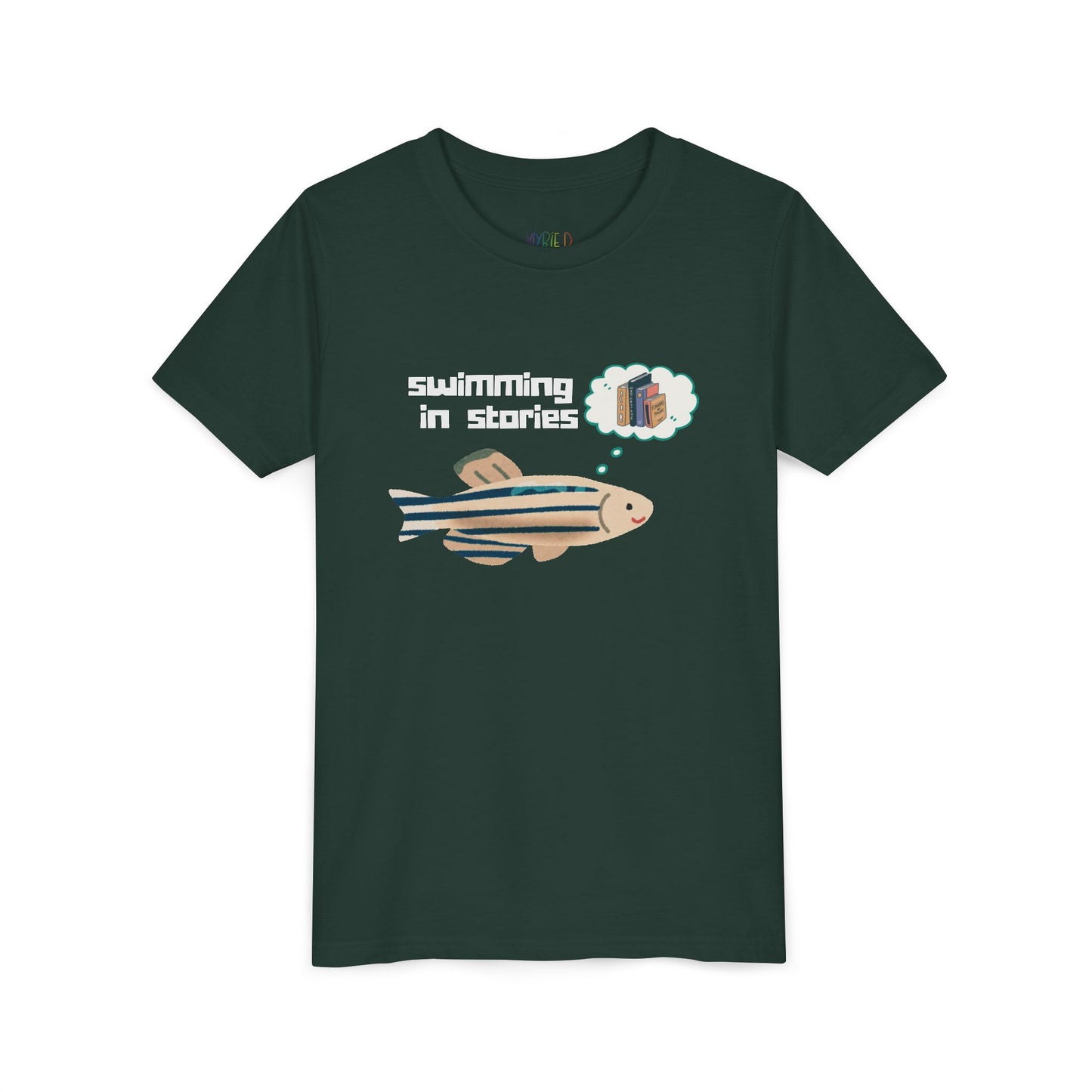 Youth Swimming in Stories Tee – Fun Reading Shirt for Curious Kids. A dreamy design for book-loving adventurers