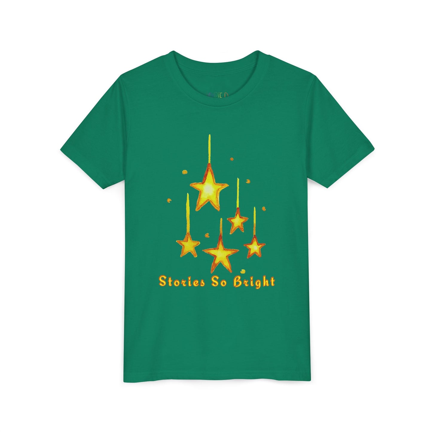 Green youth t-shirt with yellow star design and 'Stories So Bright' text on a white background
