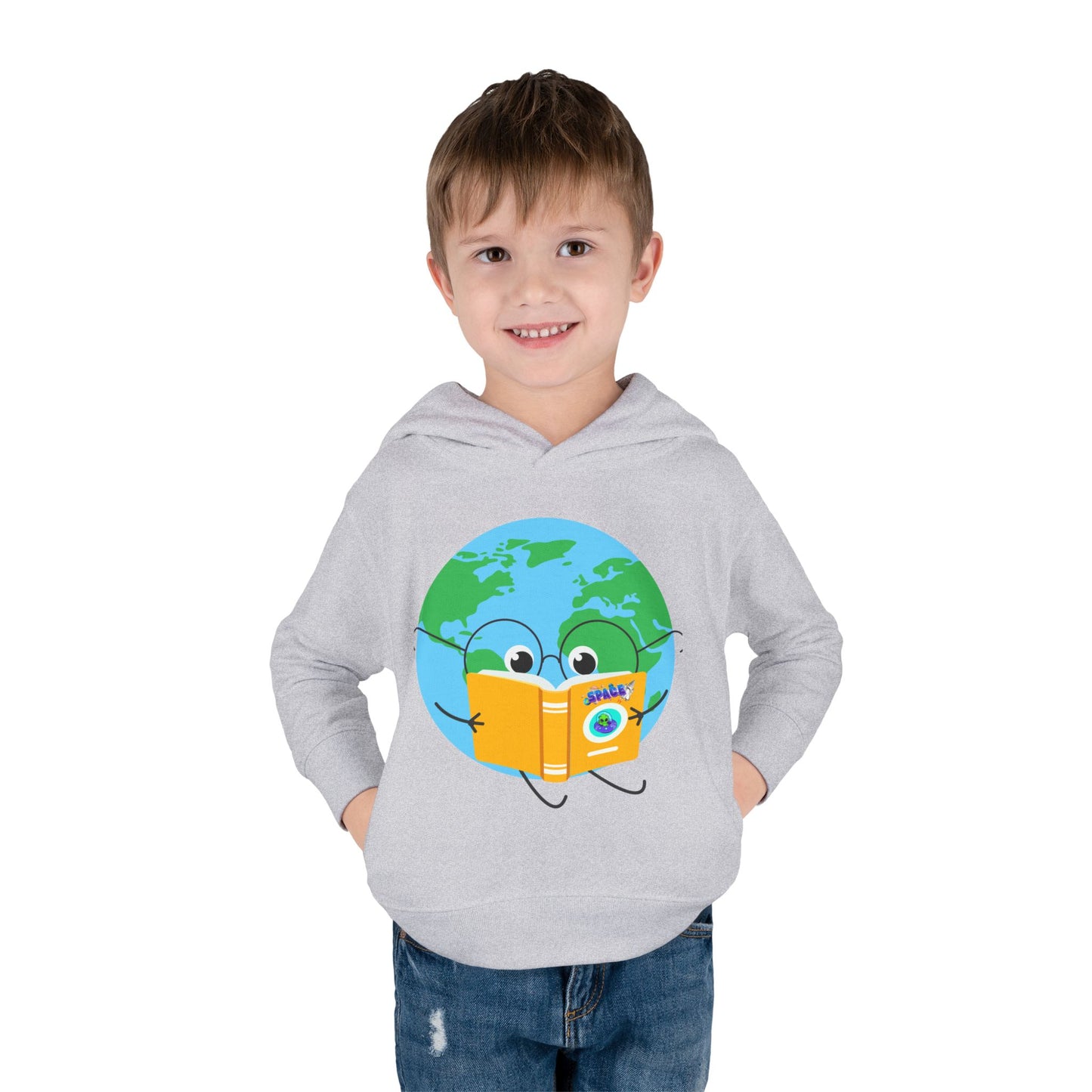 Boy wearing a light gray toddler hoodie with a cartoon Earth reading a space book