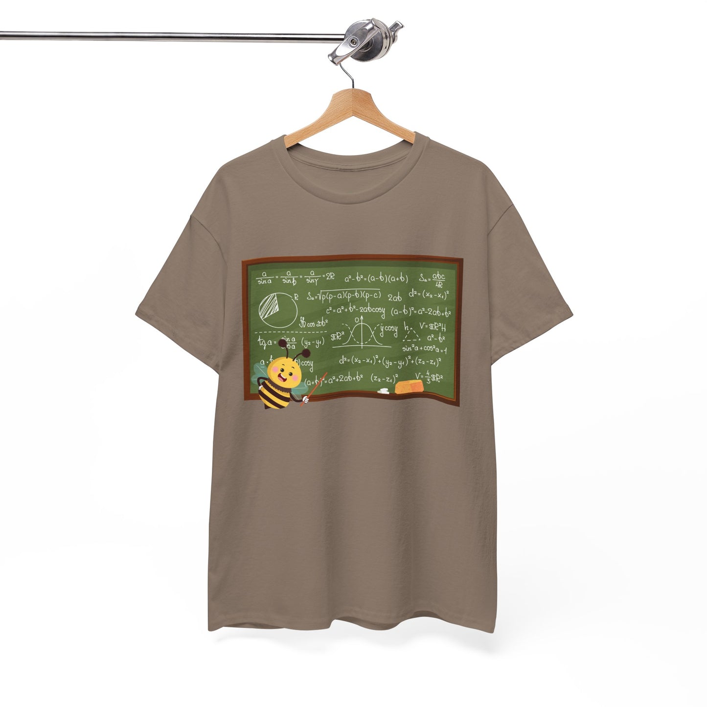 Light brown t-shirt with a graphic of bee pointing at a chalk board with mathematical equations 