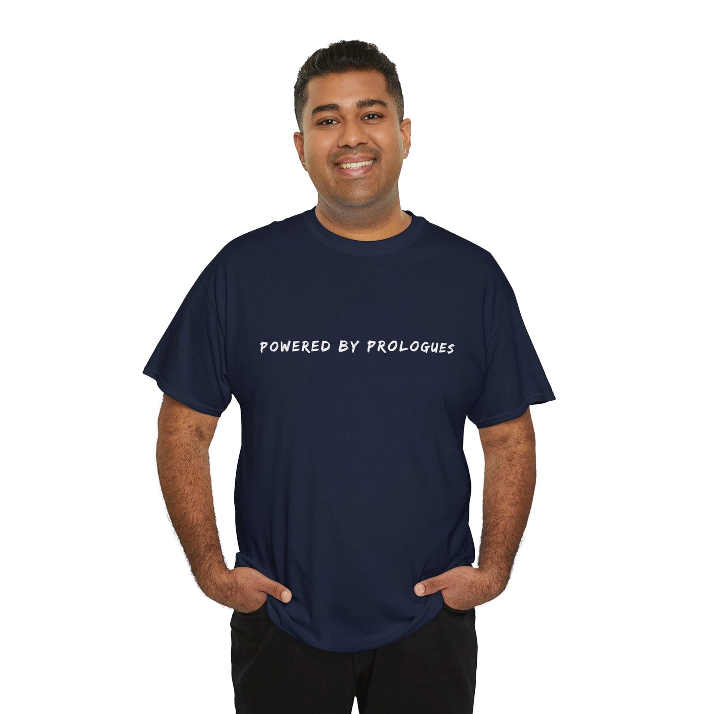 Man wearing a navy blue t-shirt with 'POWERED BY PROLOGUES' text 