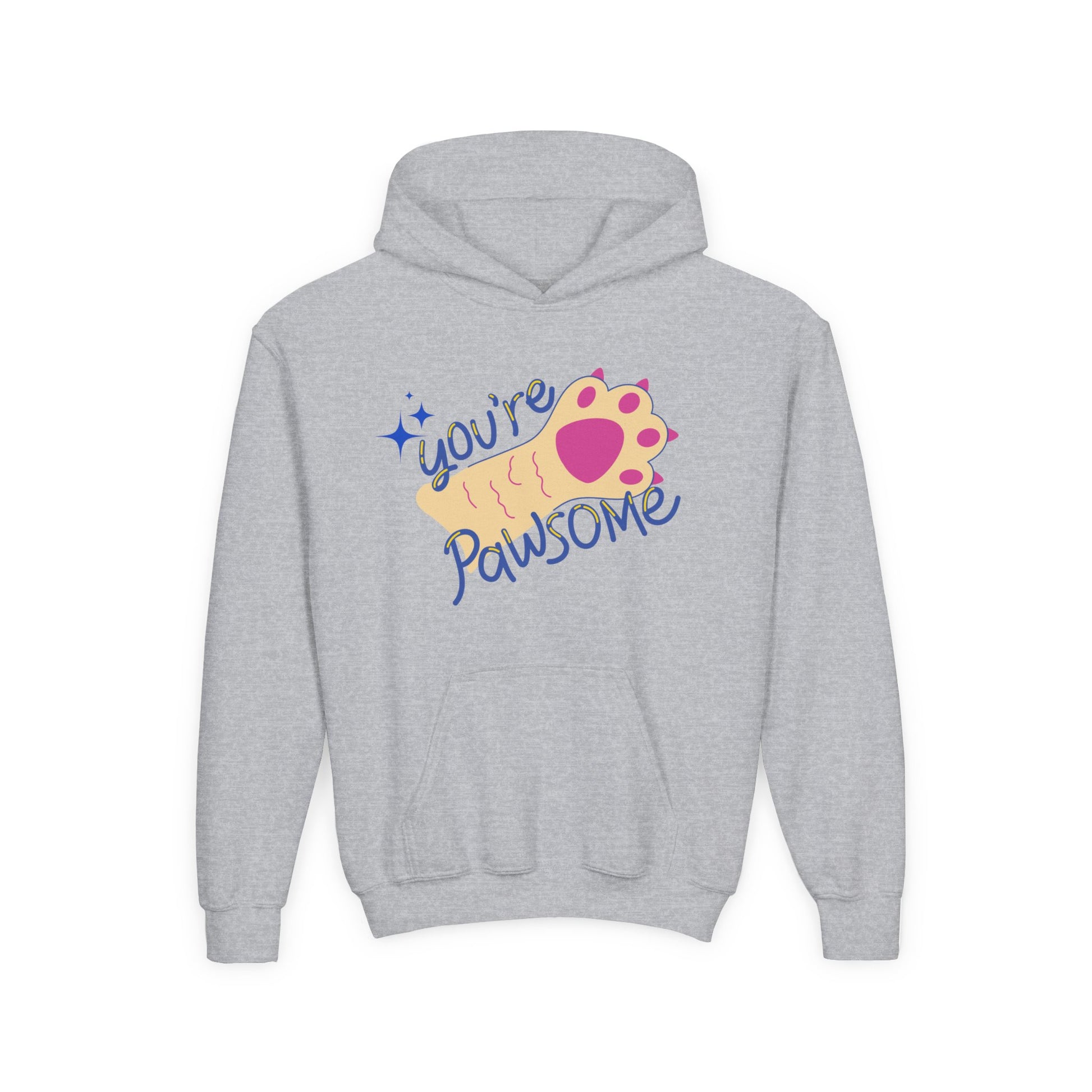 Gray hoodie with paw print and sparkling text 'You're Pawsome'