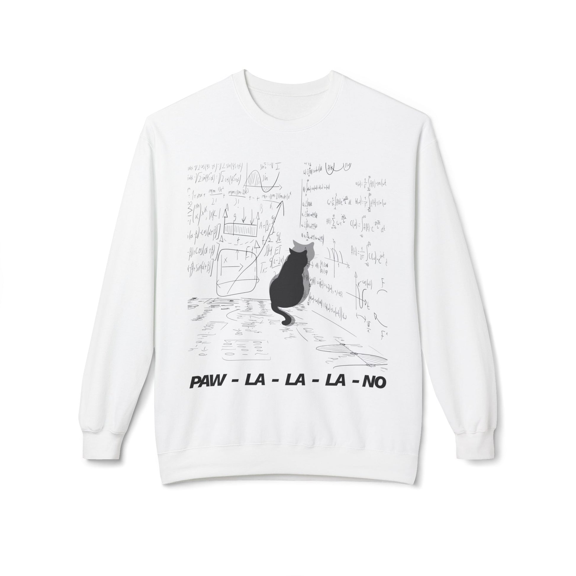 White sweatshirt with black cat graphic with it's face in the corner, walls around it surrounded with mathematical equations, text 'paw-la-la-la-no'