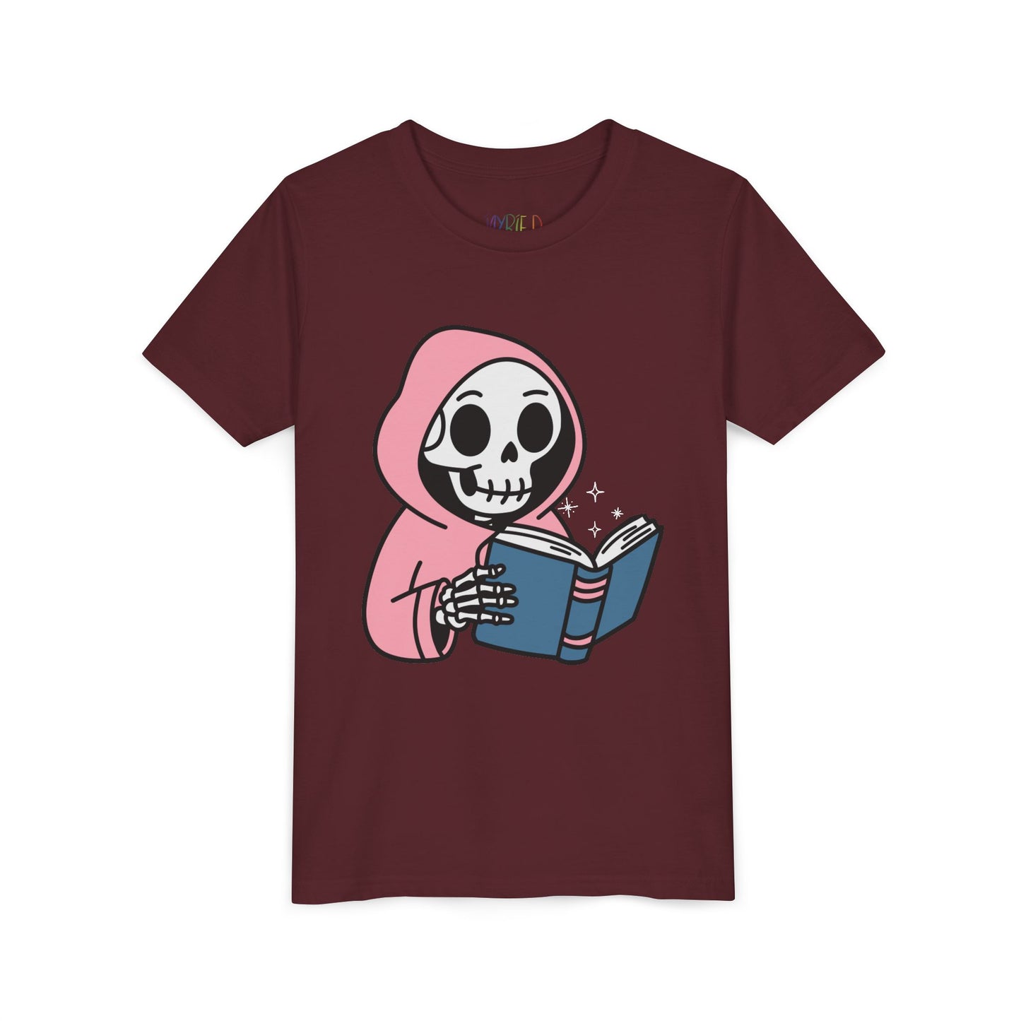 Maroon t-shirt with a cartoon skeleton wearing a pink hoodie and reading a book