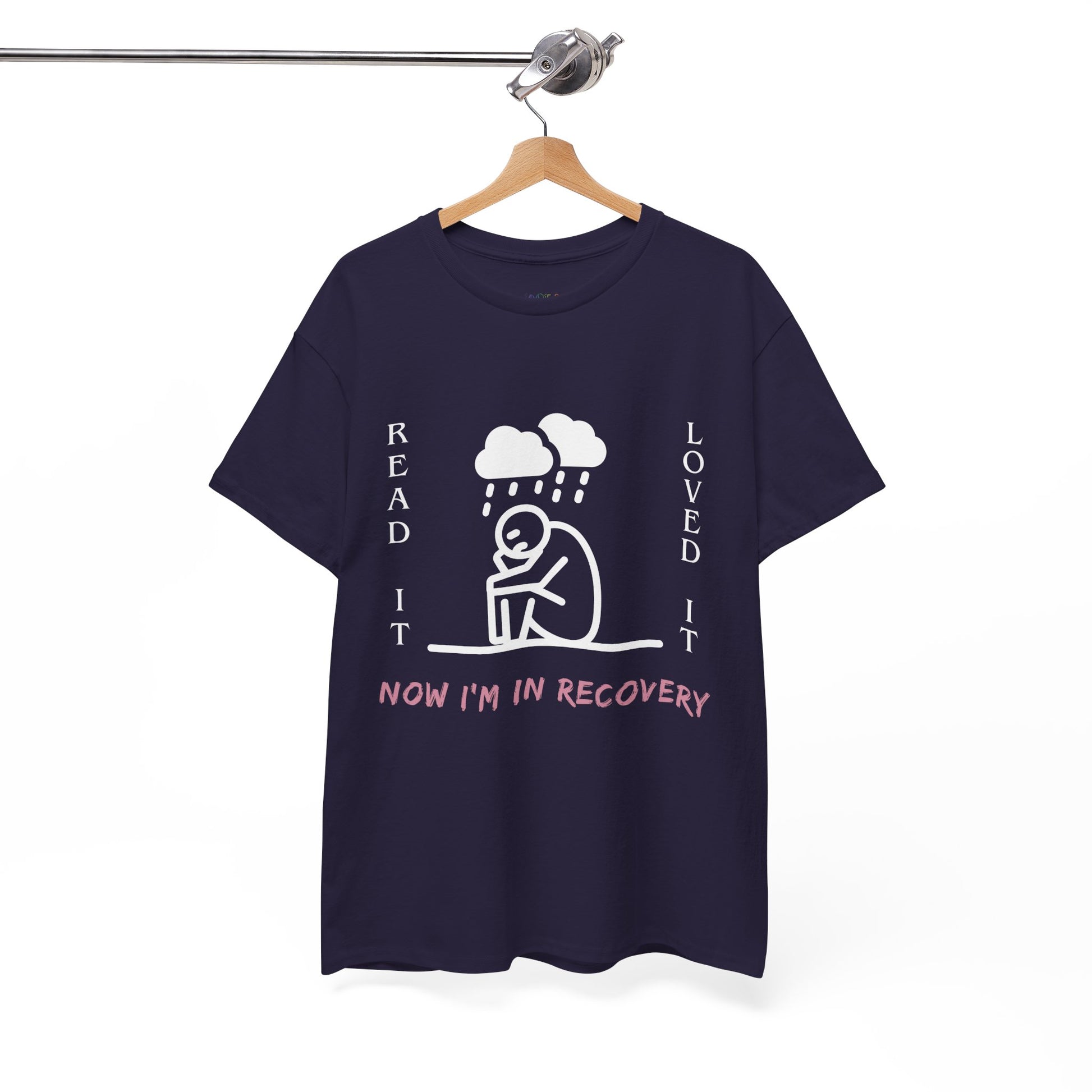 Dark (blackberry) t-shirt with a white graphic of a sad stick figure sitting under a cloud and text 'Read It. Loved It. Now I'm In Recovery.' 