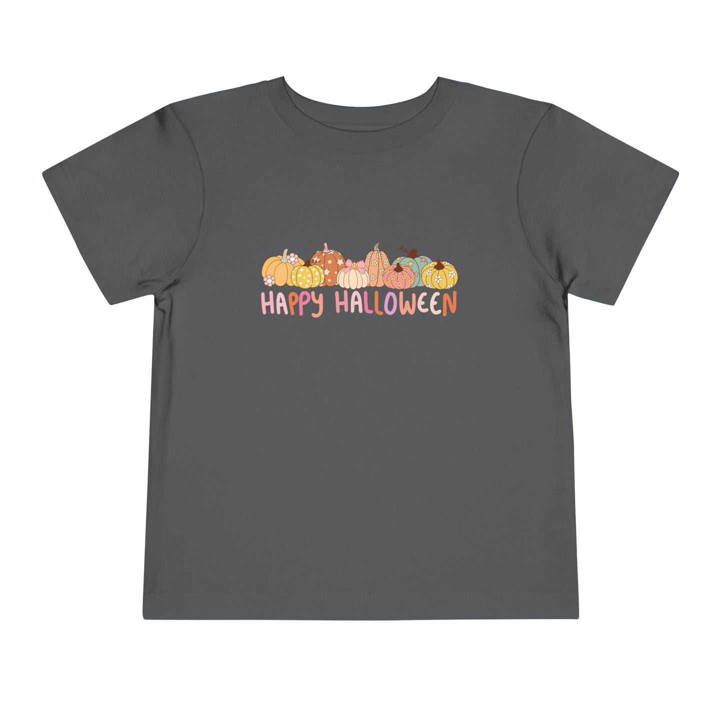 Gray t-shirt with 'Happy Halloween' and pumpkin design on a white background