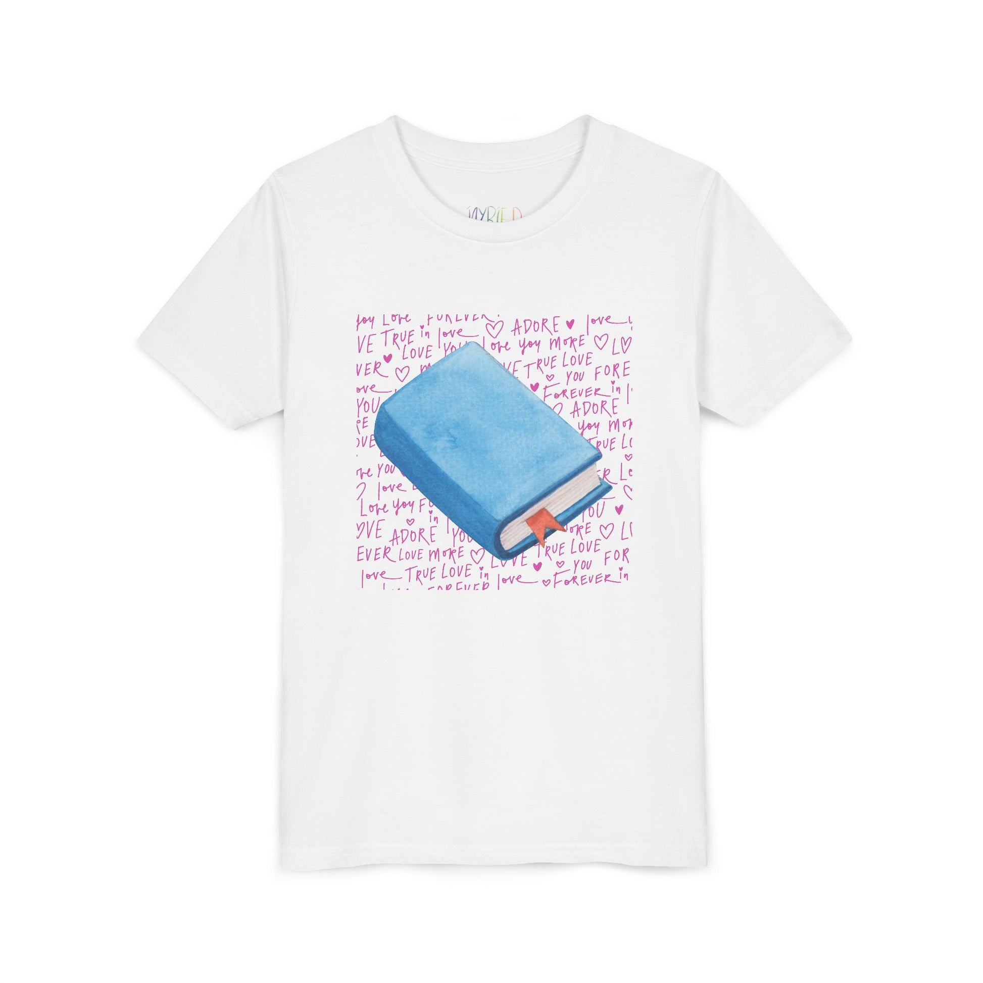 White t-shirt with a pink hand writing and a blue book graphic 