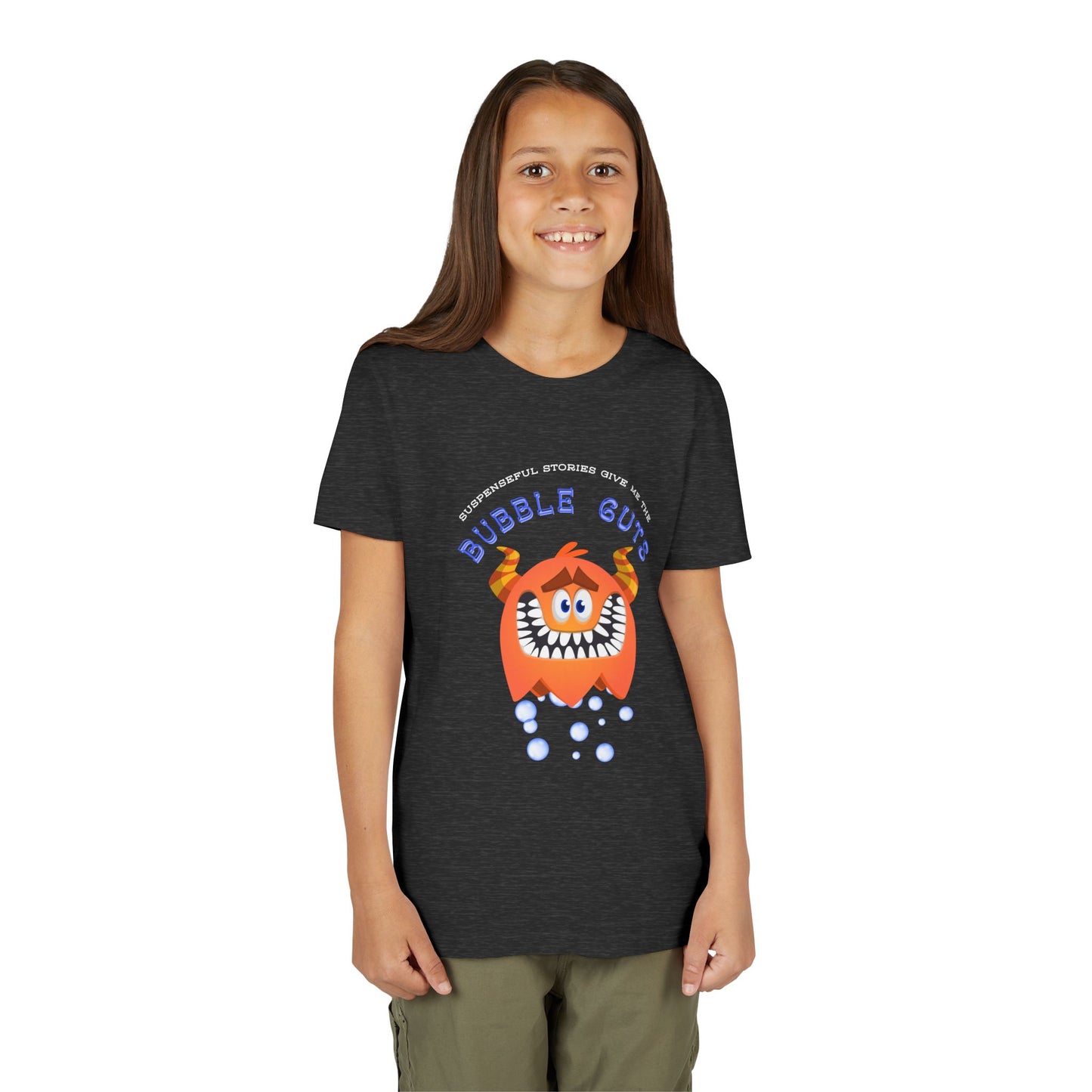 Girl wearing a dark gray t-shirt with bubbles coming from a sheepish and toothy cartoon monster, text 'Suspenseful Stories Give Me This...Bubble Guts'