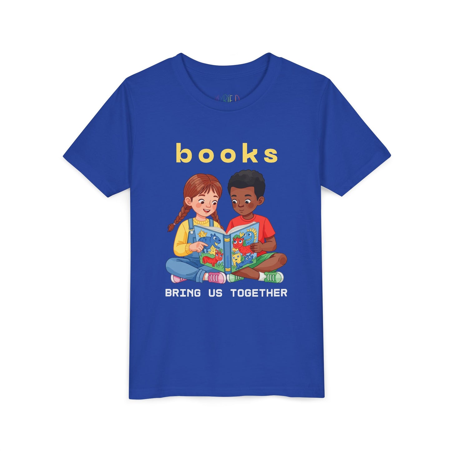 Blue t-shirt with illustration of two children reading a book and text 'books bring us together' 