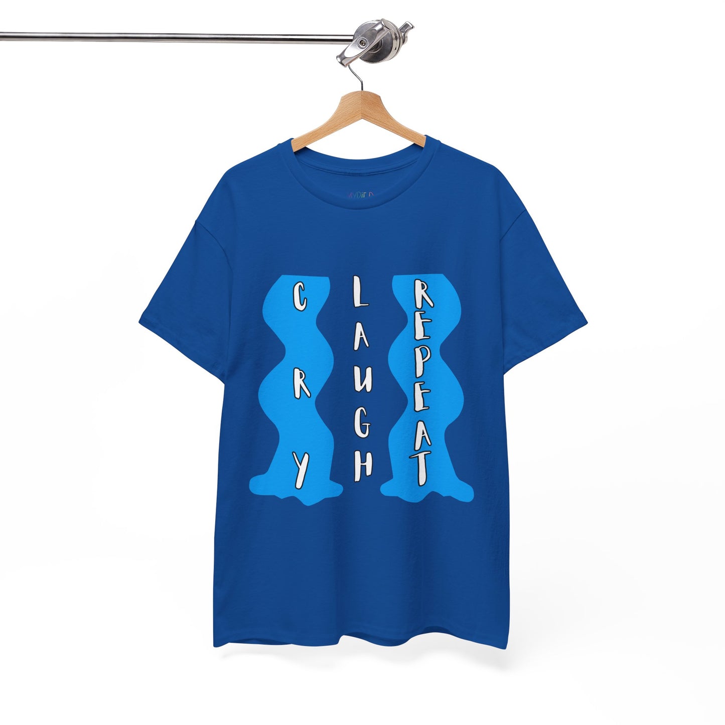 Blue t-shirt with blue waterfalls of tears and vertical text 'Cry. Laugh. Repeat' 