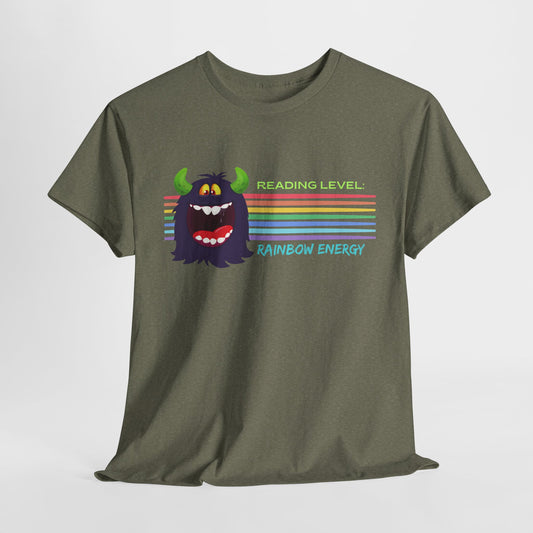 Teen/Adult Unisex “Rainbow Energy” Reading Shirt – Retro Monster Tee for Vibrant Book Lovers