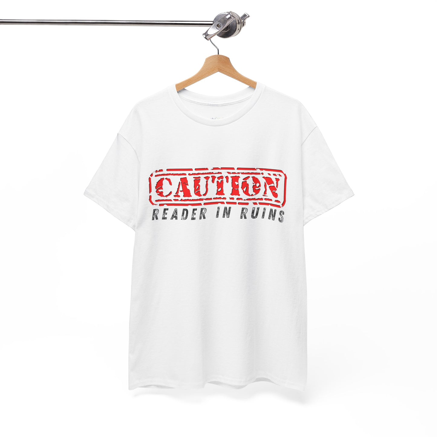 Teen/Adult Unisex Tee CAUTION Reader in Ruins (Red Caution)