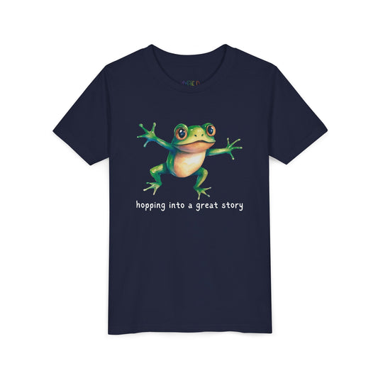 Youth Hopping Into a Great Story Tee – Frog Reading Shirt for Curious Young Readers