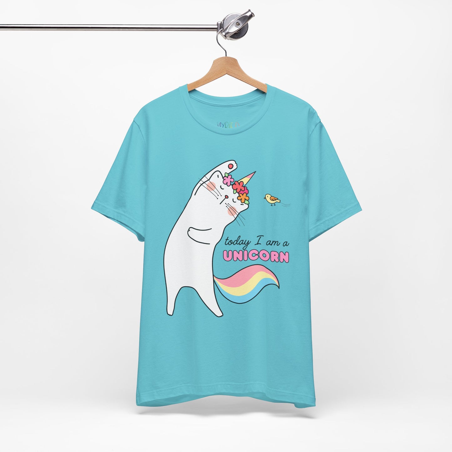 Aqua blue t-shirt with a cat dressed as a unicorn, doing stretches and text 'Today I Am A Unicorn' 