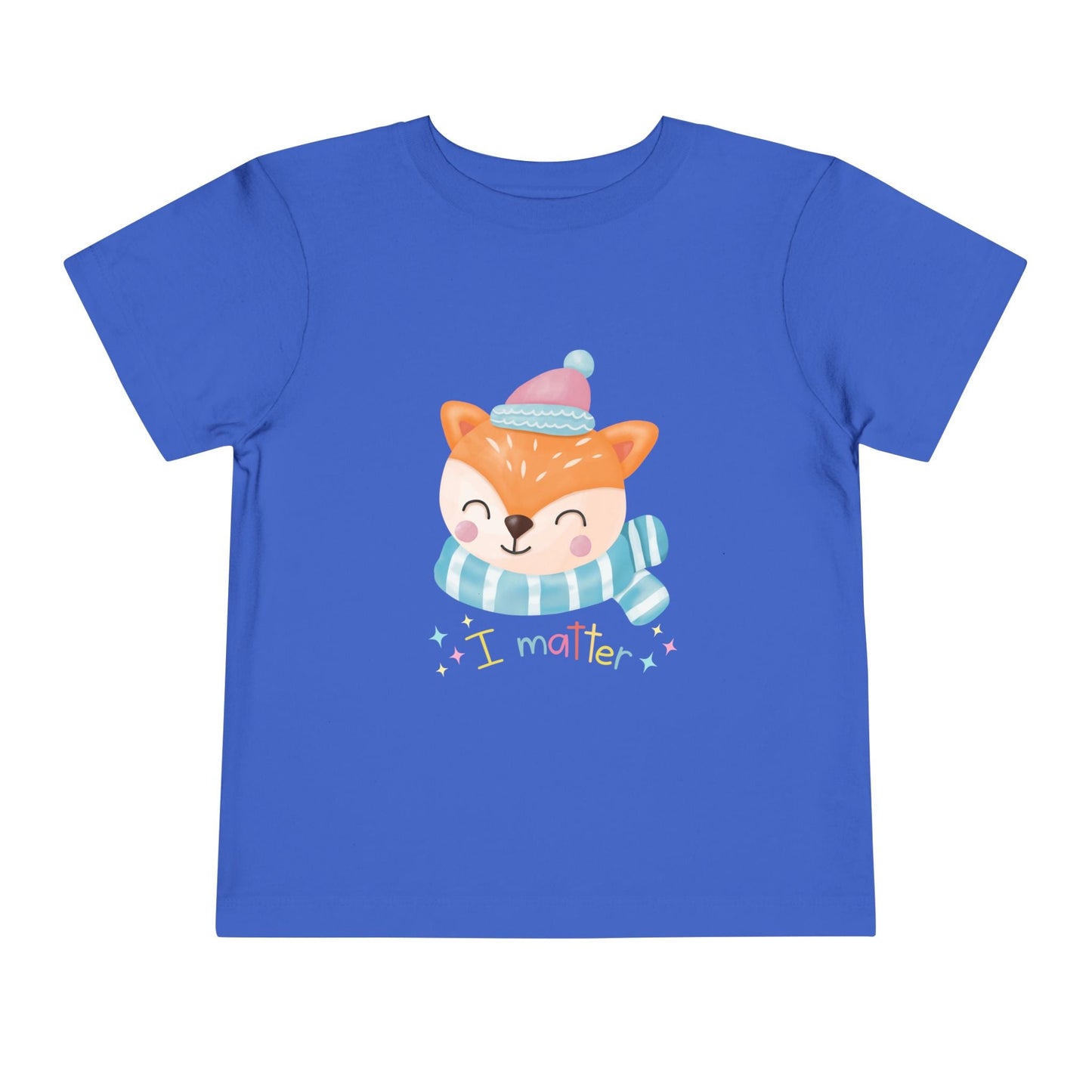 Blue toddler t-shirt with a winter fox graphic and 'I matter' text on a white background