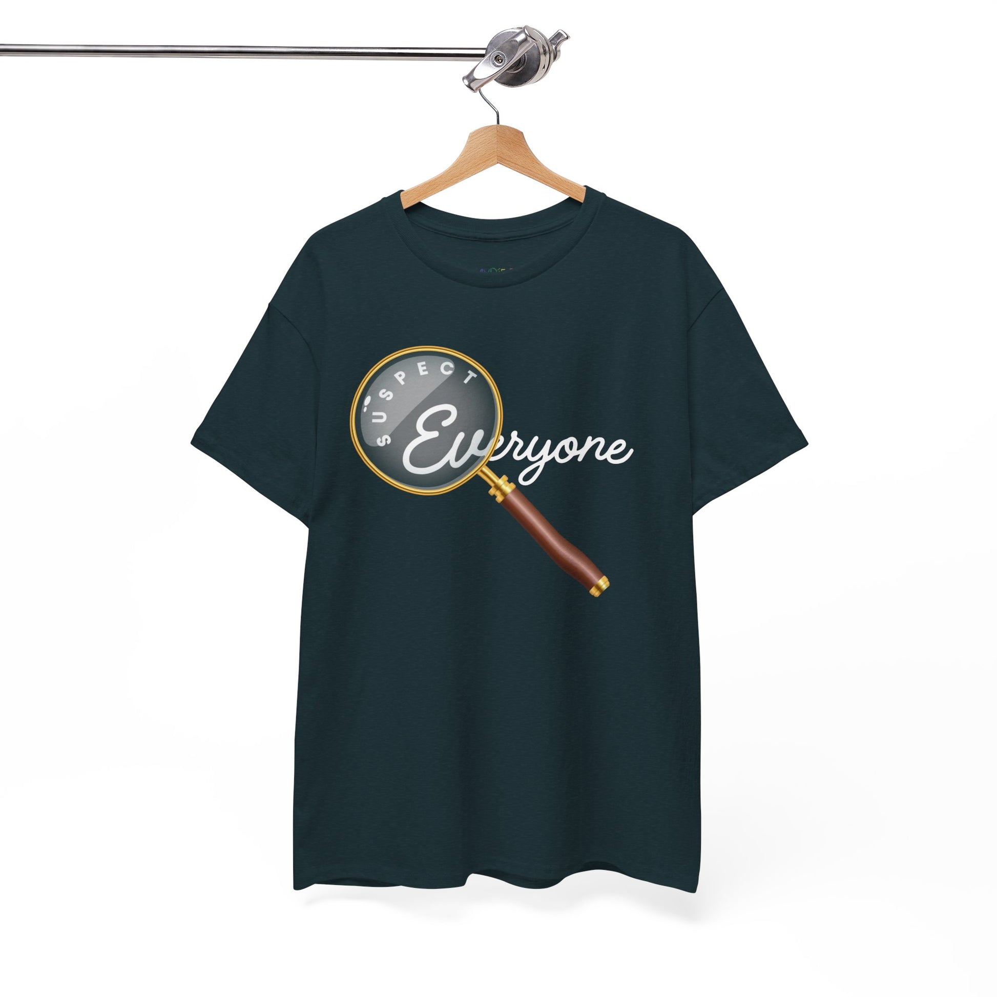 Dark t-shirt with a magnifying glass graphic and text 'Suspect Everyone'