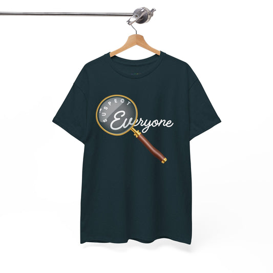 Dark t-shirt with a magnifying glass graphic and text 'Suspect Everyone'