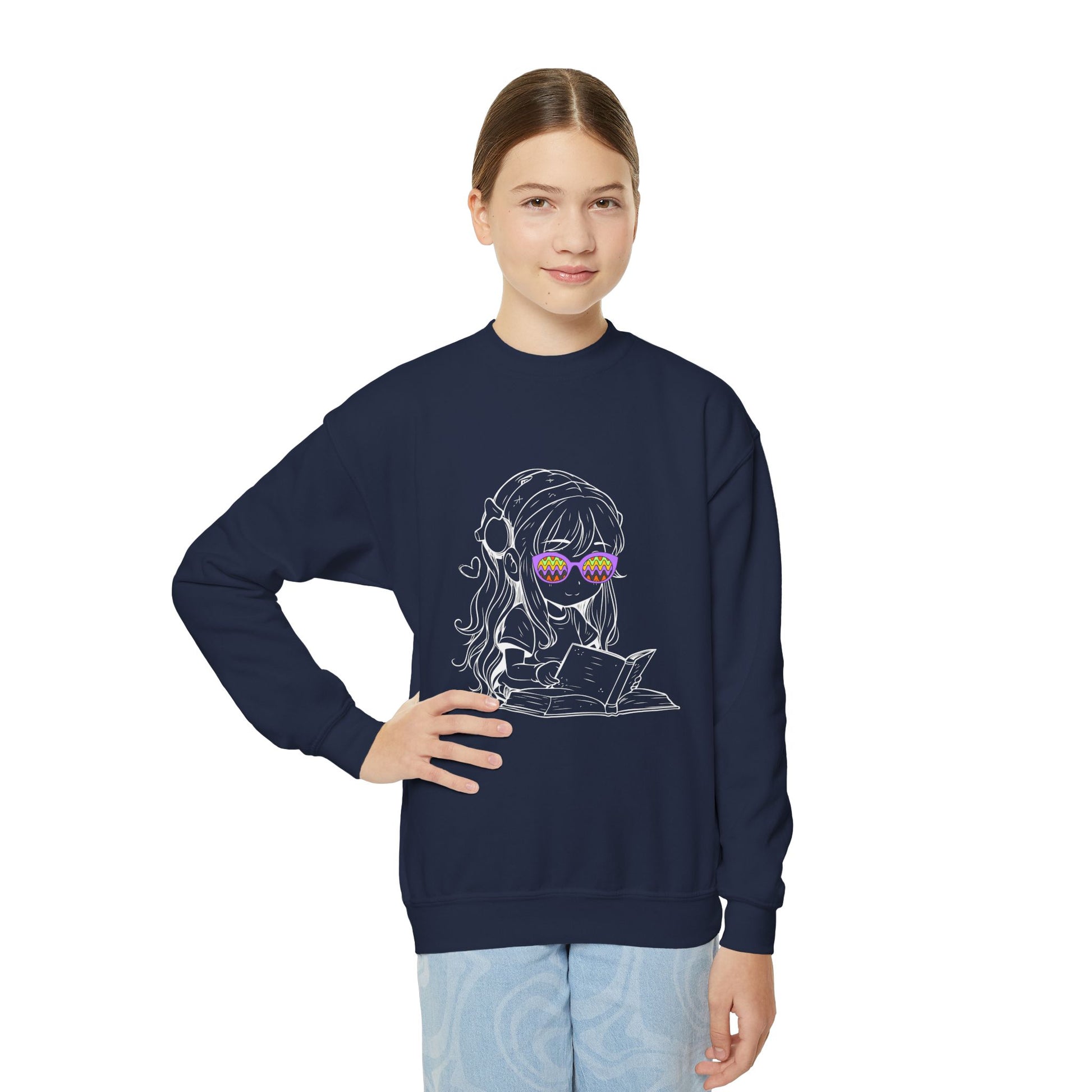 Girl wearing navy blue sweatshirt with a white sketched drawing of a girl reading a book in colorful glasses
