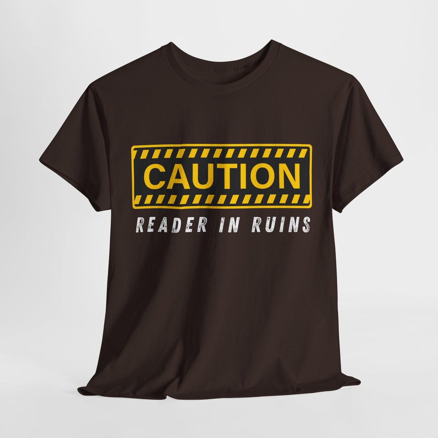 Teen/Adult Unisex Tee – CAUTION: Reader in Ruins (Yellow Caution)