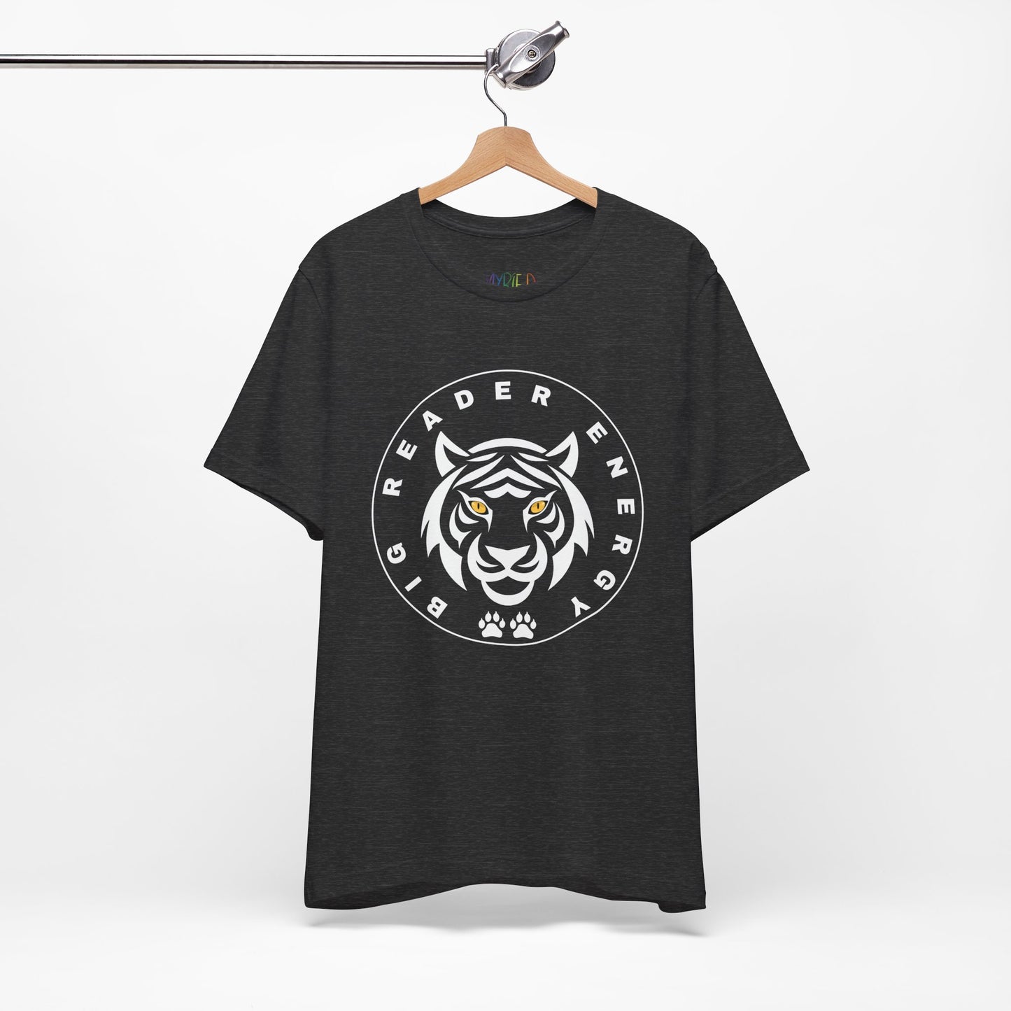 Dark gray t-shirt with a black tiger logo, yellow eyes and circled by text 'Big Reader Energy'
