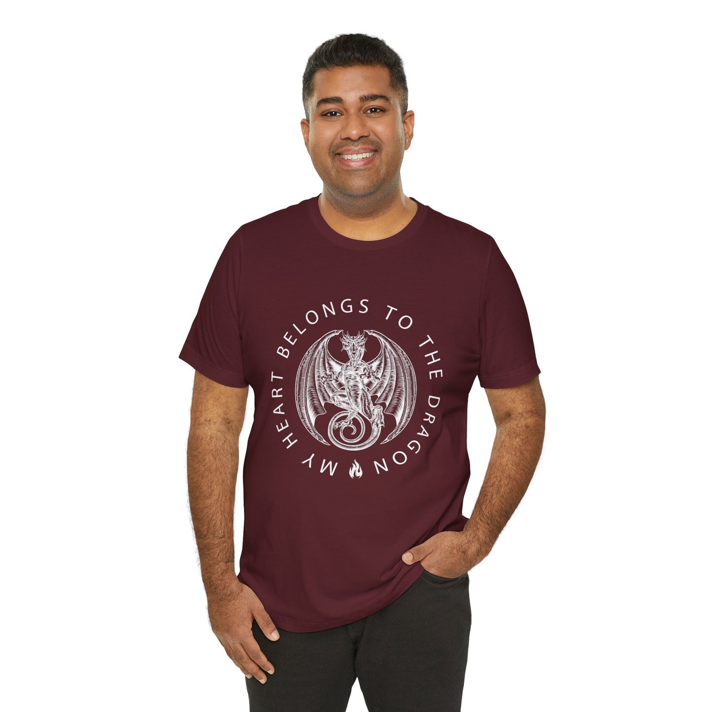Man wearing a maroon t-shirt with dragon graphic circled by text 'My Heart Belongs To The Dragon'