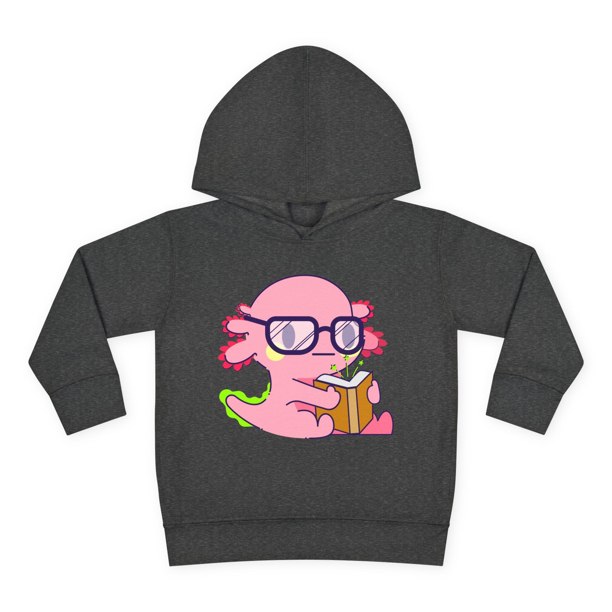 Hoodie with a pink cartoon axolotl wearing glasses and reading an orange book