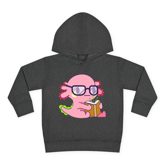 Hoodie with a pink cartoon axolotl wearing glasses and reading an orange book