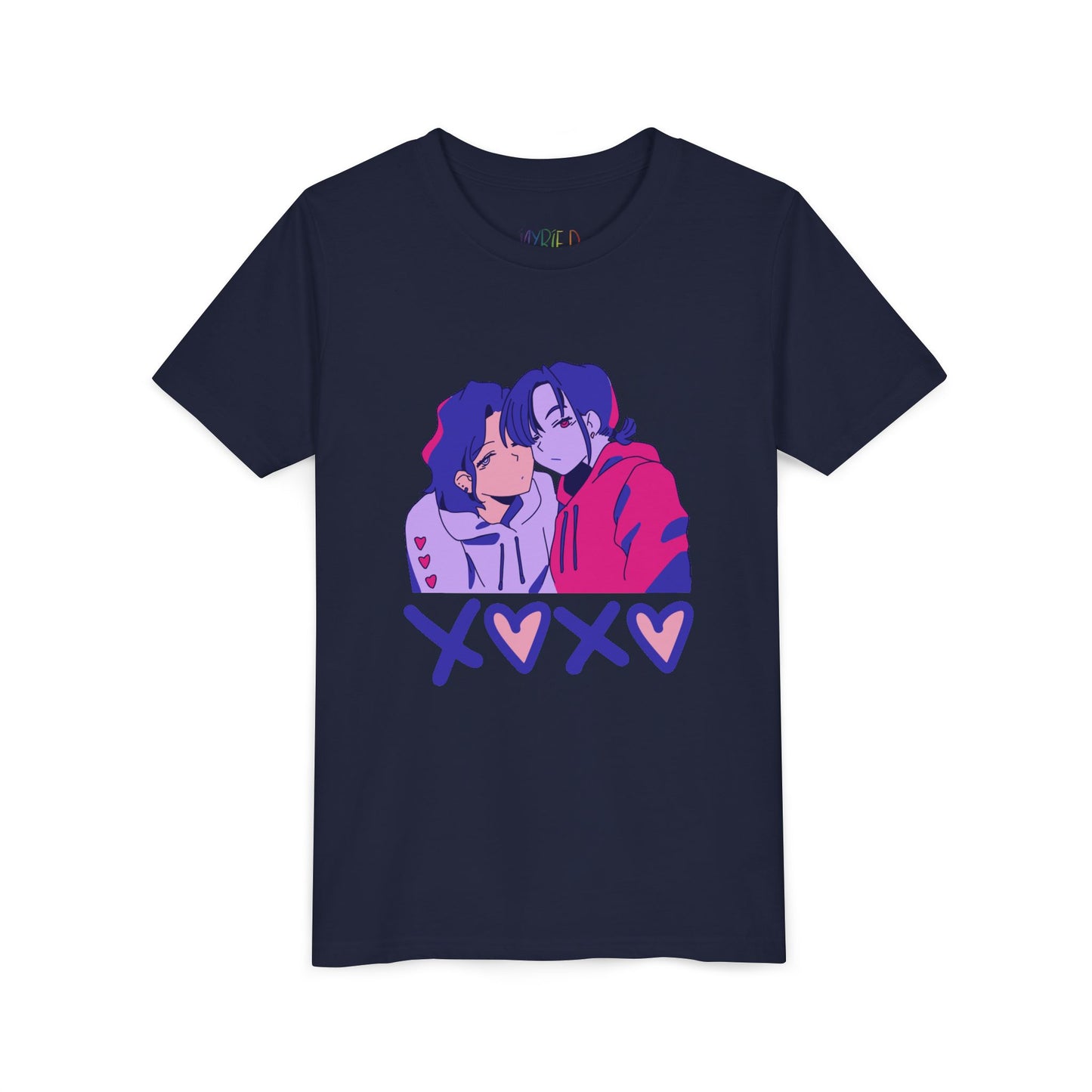 Navy t-shirt with two cartoon characters snuggled up and 'XOXO' text 