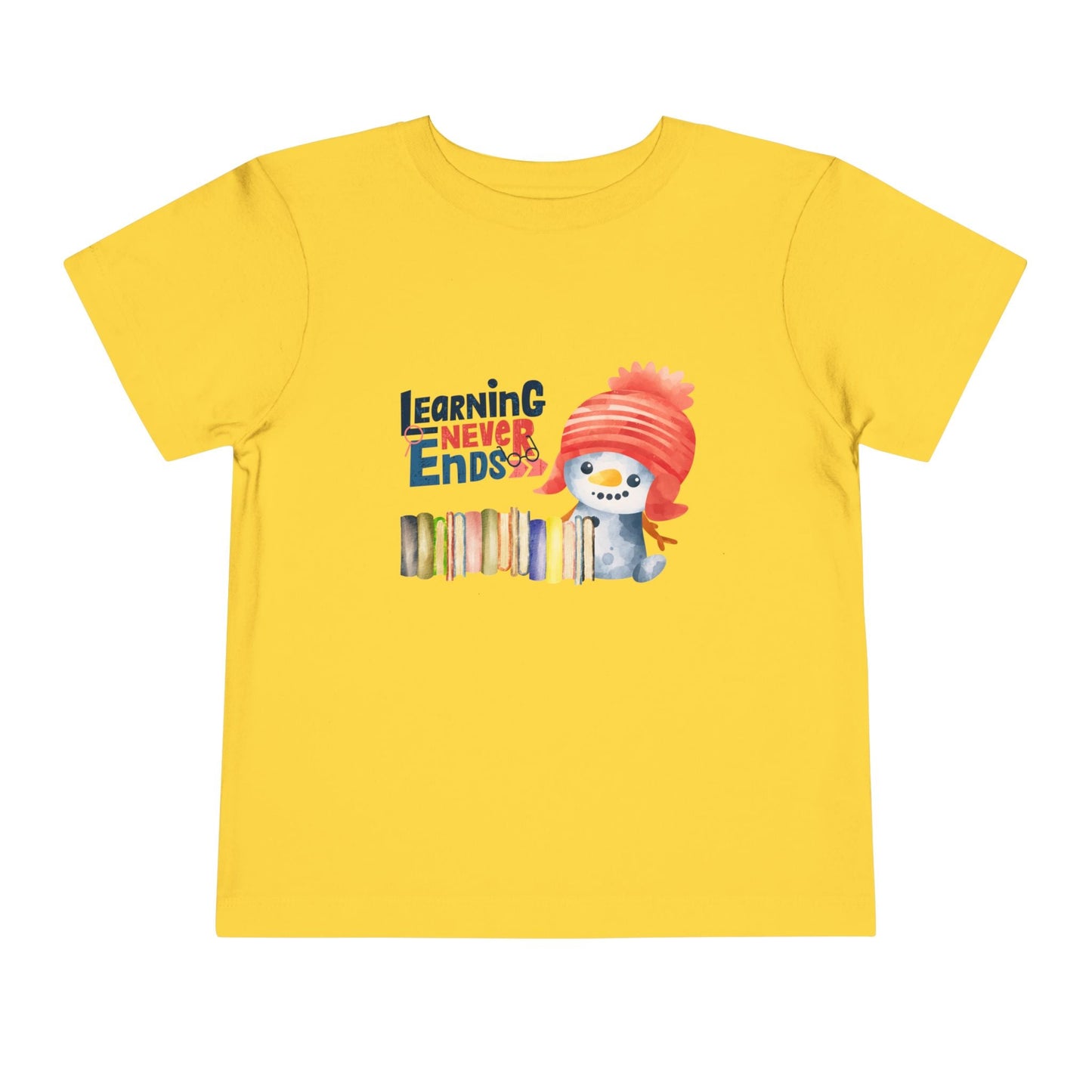 Yellow toddler t-shirt with a snowman, a row of books and 'Learning Never Ends' text on a white background