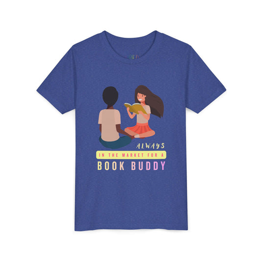 Blue t-shirt with graphic of two people reading a book and text 'Always in the market for a book buddy' 
