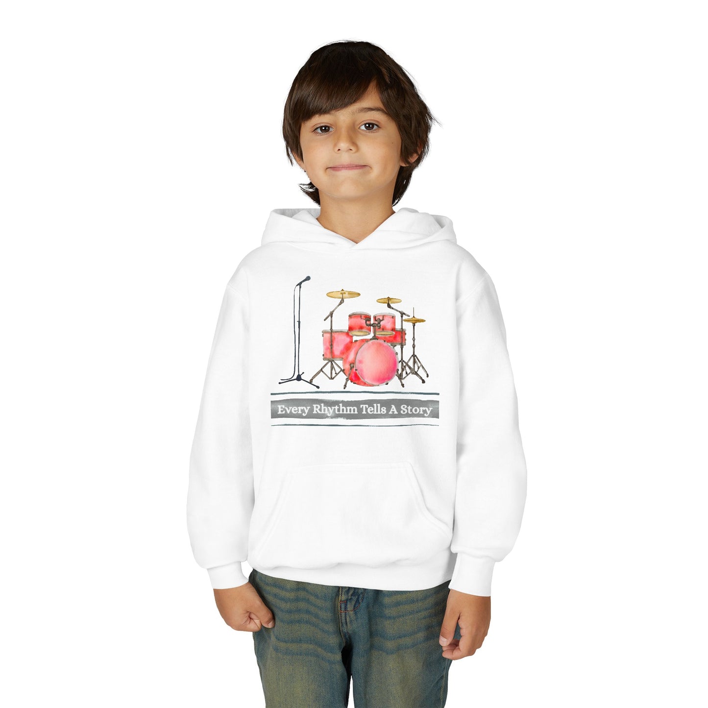 Boy wearing a white hoodie with microphone and drum set graphic, with text 'Every Rhythm Tells A Story' 