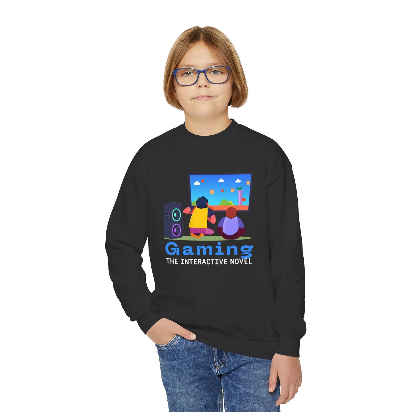 Boy wearing a black sweatshirt with colorful gaming graphic and text 'Gaming The Interactive Novel' 
