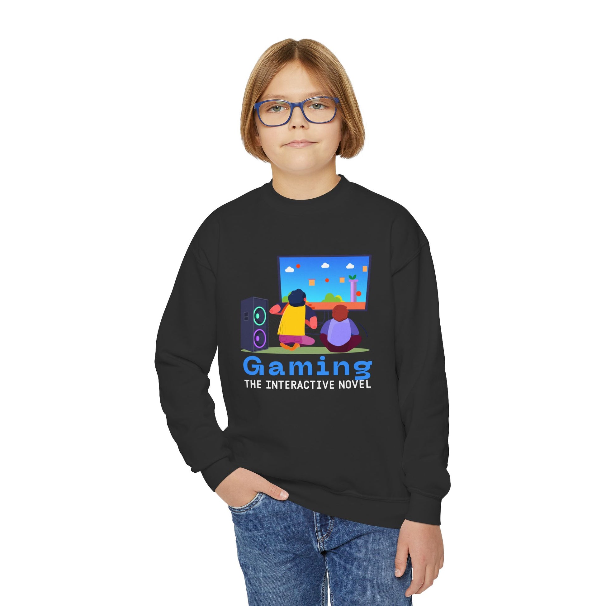 Boy wearing a black sweatshirt with colorful gaming graphic and text 'Gaming The Interactive Novel' 
