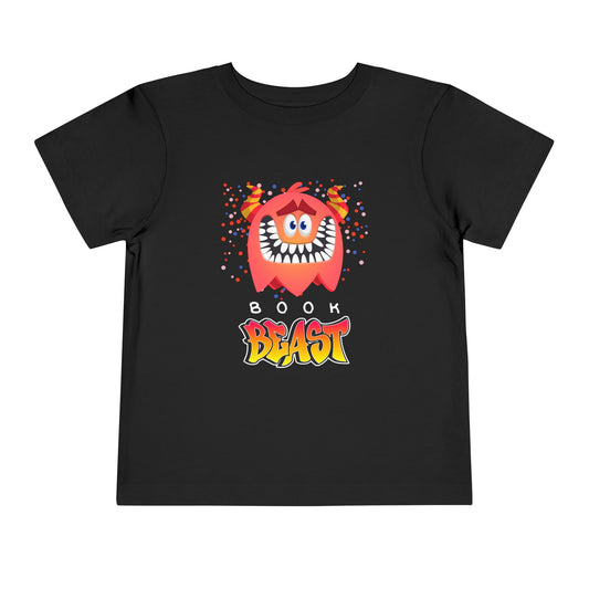 Black toddler t-shirt with a toothy grinning monster surrounded by colorful confetti and 'Book Beast' text 