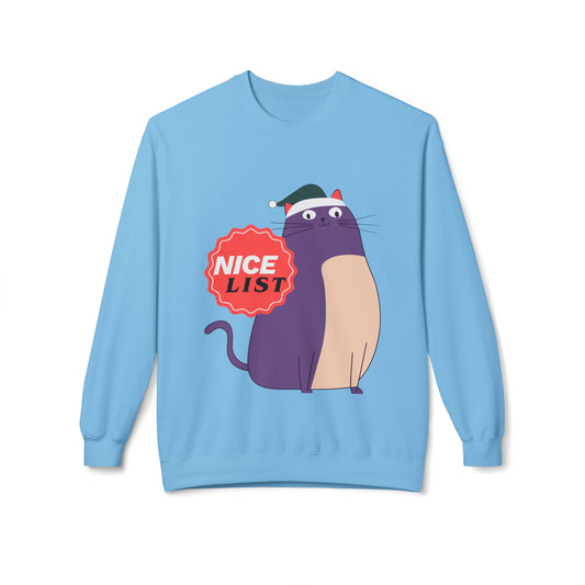 Light blue sweatshirt with a cartoon cat and 'Nice List' badge on a white background