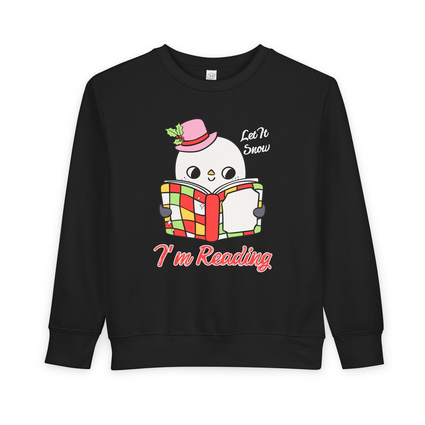 Black toddler sweatshirt with a snowman reading a book graphic and text on a white background 'Let It Snow, I'm Reading'