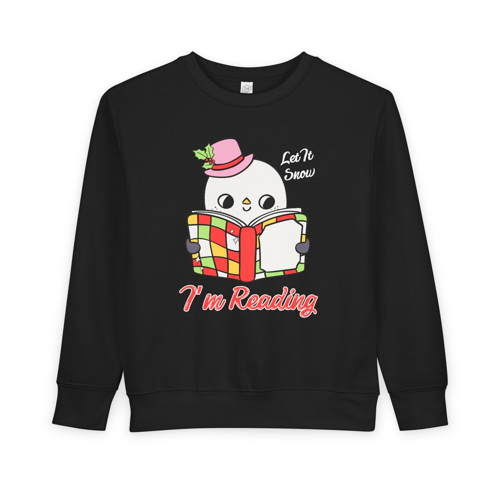 Black toddler sweatshirt with a snowman reading a book graphic and text on a white background 'Let It Snow, I'm Reading'