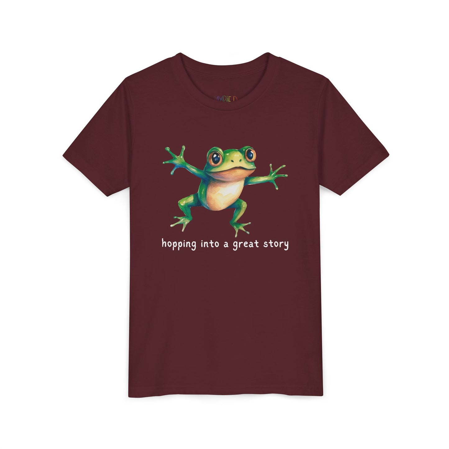 Youth Hopping Into a Great Story Tee – Frog Reading Shirt for Curious Young Readers
