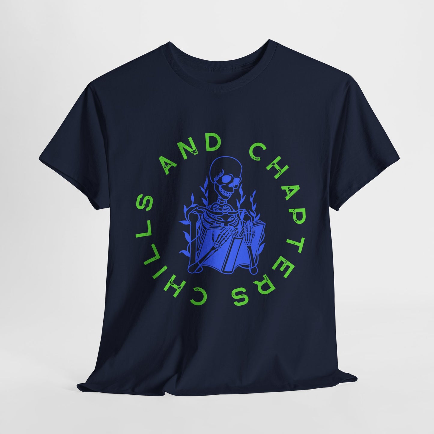 Teen/Adult Unisex Chills and Chapters T-Shirt – Skeleton Horror Reader Graphic Tee