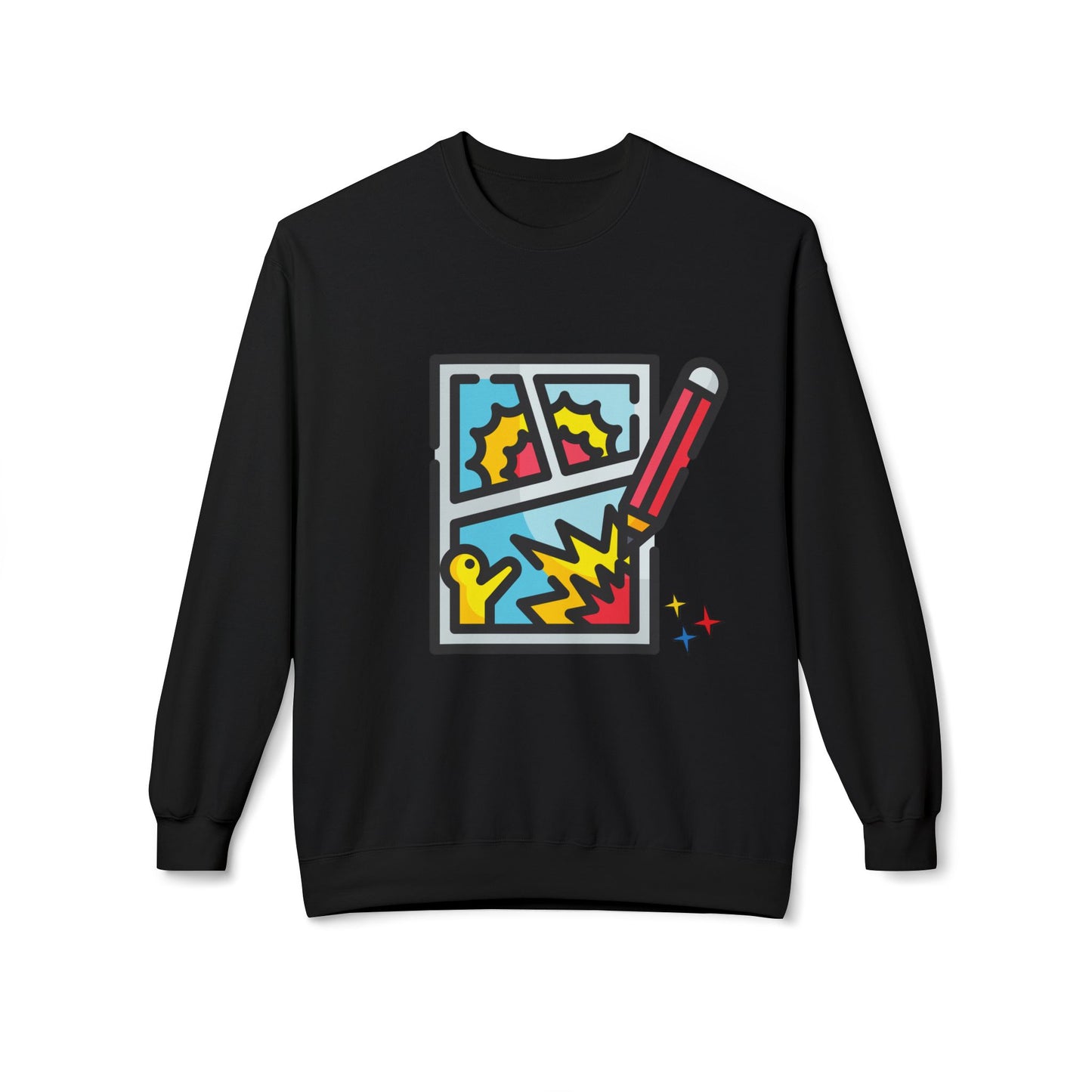 Black sweatshirt with colorful comic graphic 