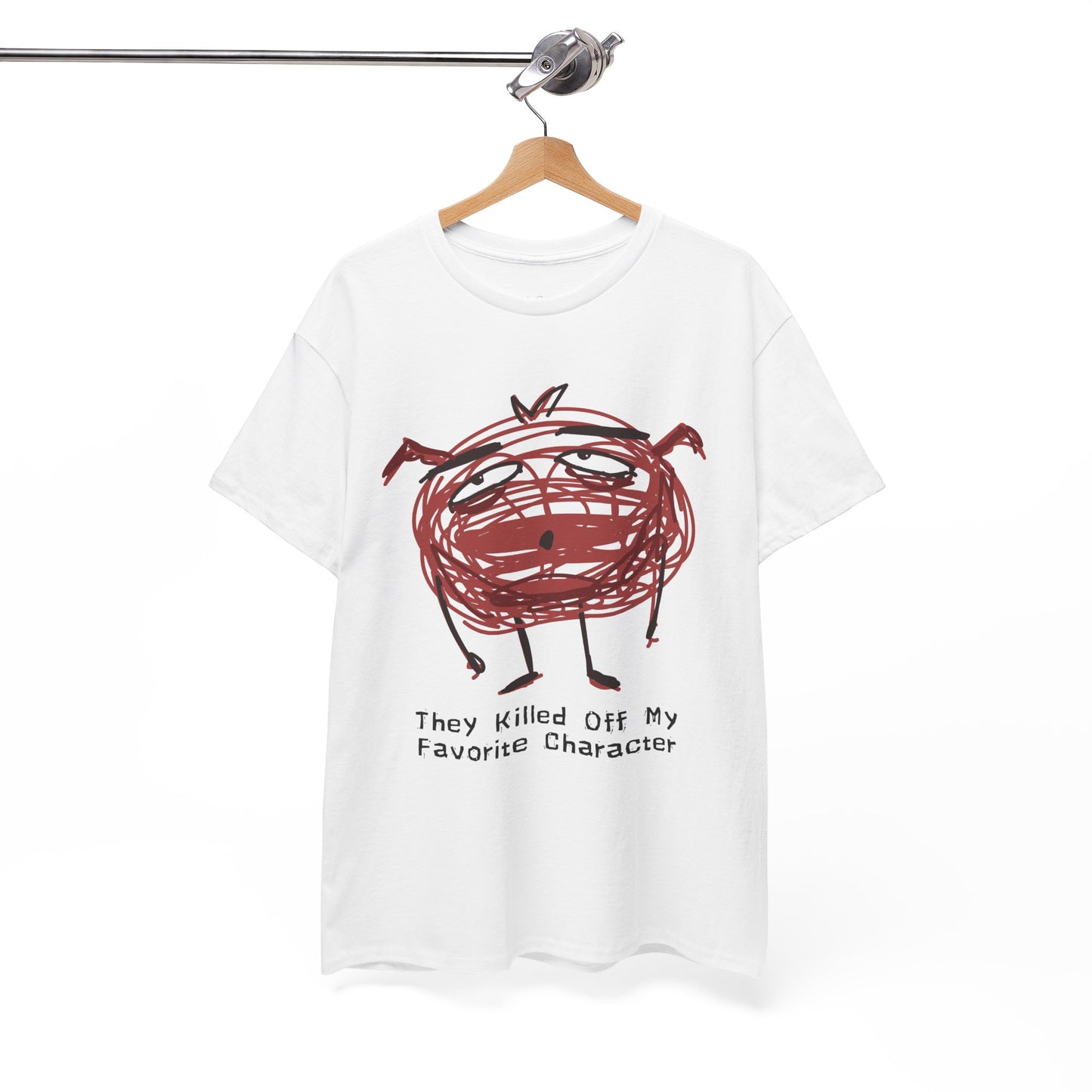 White t-shirt with a scribbled character looking defeated and text 'They Killed Off My Favorite Character'