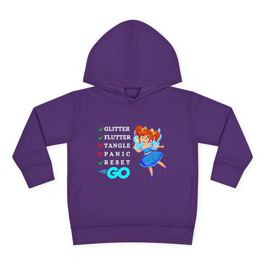 Cheerful fairy with pink wings and a yellow dress smiling and holding a wand, surrounded by sparkles, with the words “Glitter Flutter Go” — printed on a toddler hoodie.
