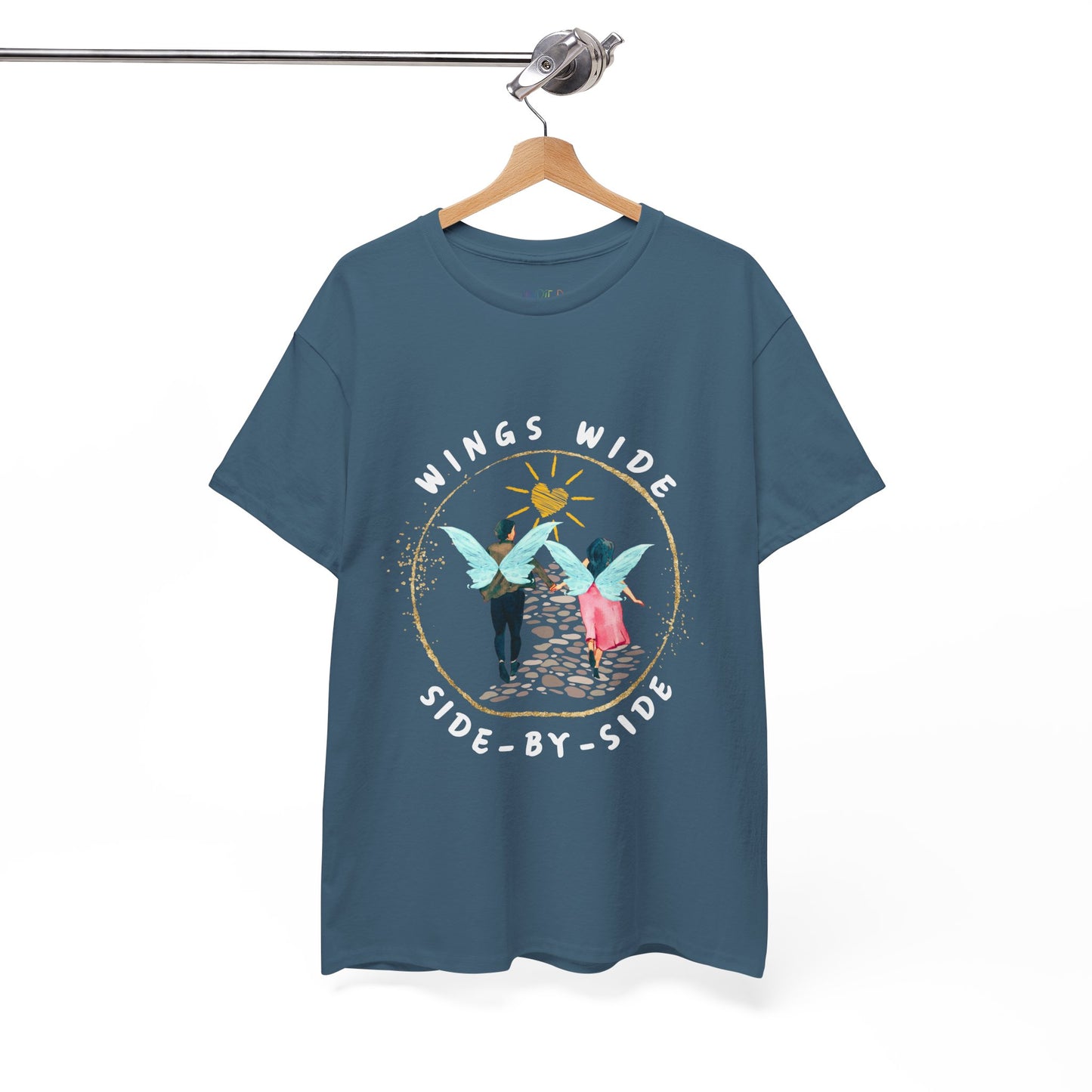 Teal t-shirt with a fairy couple running off into the sunset down a cobblestone path and text 'Wings Wide Side-By-Side'