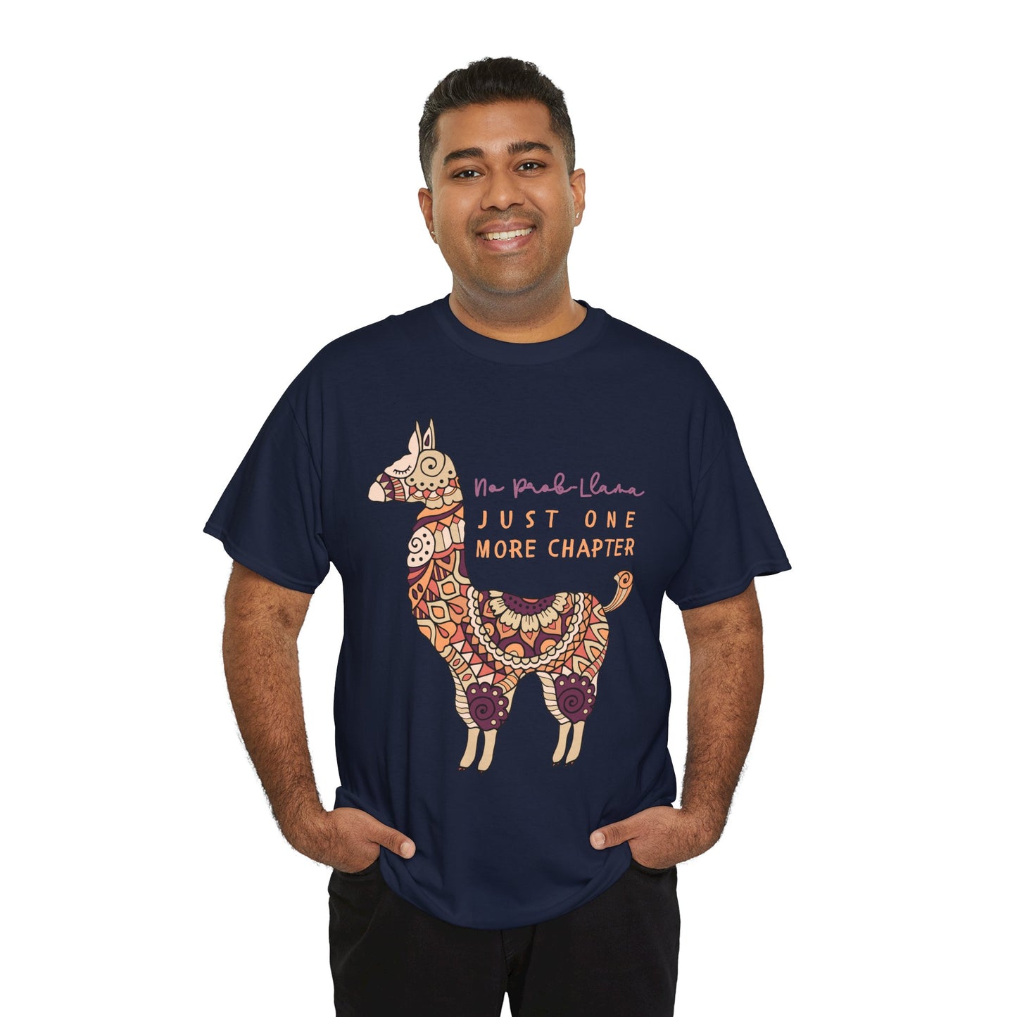 Man wearing a navy blue t-shirt with a decorative llama graphic and text 'No Prob Llama, Just One More Chapter'