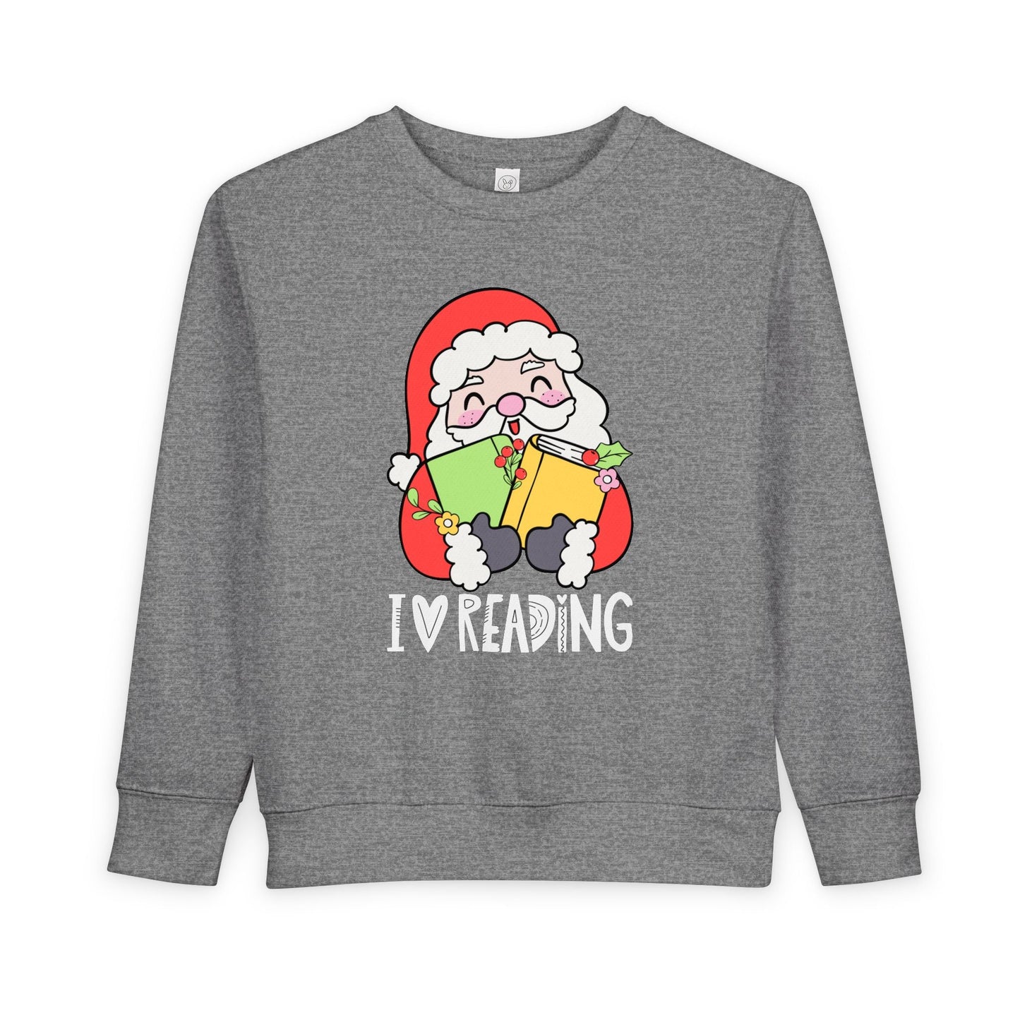 Gray toddler sweatshirt with a cartoon Santa Claus holding books and 'I love reading' text on a white background