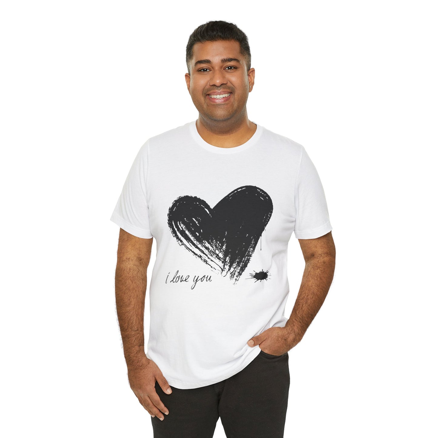 Man wearing a white t-shirt with a black sketched heart dripping ink and text 'I Love You' 
